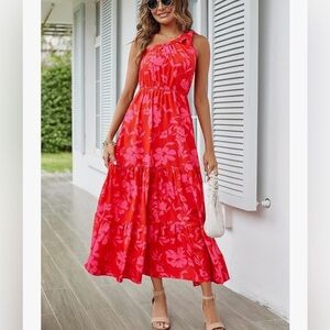 Elegant One Shoulder Floral Dress in Vibrant Red